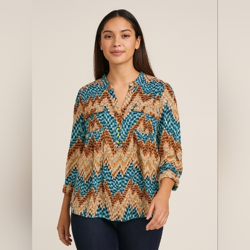 Ava & Grace Pull Over Zig Zag Chevron Nehru Collar Top Orange Green XL